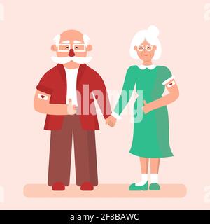 Vaccination of the elderly. Happy grandparents show the vaccination bandage and give a thumbs up after the vaccine injection. Flat vector illustration Stock Vector