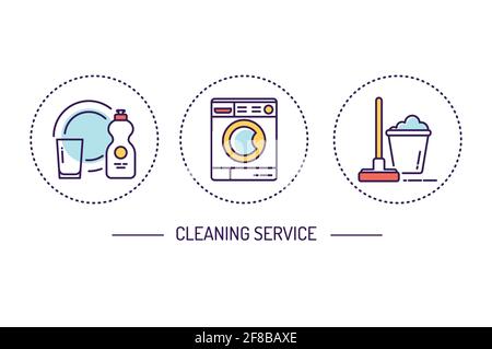 Cleaning services color icons concept. Housekeeping. Cleaner products. Signs for web page, mobile app, button, banner. Stock Vector