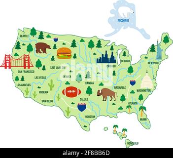 Hand drawnd doodle USA map flat cartoon style. Big cities, famous landmarks, animals, national symbols. Intersatates, bear, Statue of Liberty, Golden Stock Vector