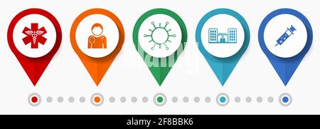 Hospital, health and medicine concept vector icon set, flat design pointers, infographic template Stock Vector