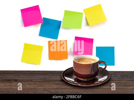 Brainstorming, Innovation and Inspiration Concept with Colorful Adhesive Notes and Cup of Coffee on White Background Stock Photo