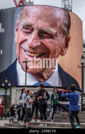 World-famous Piccadilly Circus advertising billboard in central London displayed a tribute to Prince Philip after he died on April 9th 2021 aged 99. Stock Photo