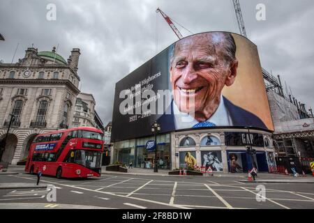 World-famous Piccadilly Circus advertising billboard in central London displayed a tribute to Prince Philip after he died on April 9th 2021 aged 99. Stock Photo