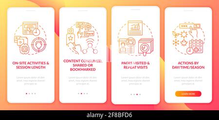 User behaviour analytics red onboarding mobile app page screen with concepts Stock Vector