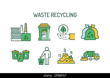 Recycling color line icons set. Garbage sorting. Zero waste lifestyle. Pictograms for web page, mobile app, promo. Stock Vector