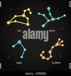 Neon zodiac constellation symbols collection on dark background. Connected shining star astrology signs. Leo, Virgo, Libra and Scorpio. Vector illustr Stock Vector