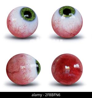 set of human eyeballs with green iris isolated with shadow on white ground Stock Photo