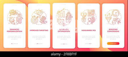 Smart content benefits red onboarding mobile app page screen with concepts Stock Vector