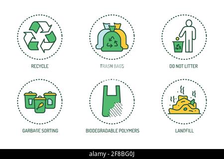 Recycling color line icons set. Garbage sorting. Zero waste lifestyle. Pictograms for web page, mobile app, promo. Stock Vector
