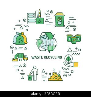 Waste recycling web banner. Infographics with linear icons on white background. Creative idea concept. Isolated outline color illustration Stock Vector