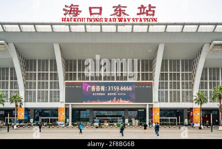 Haikou China , 24 March 2021 : Front view of Haikou Dong East railway station in Hainan China Stock Photo