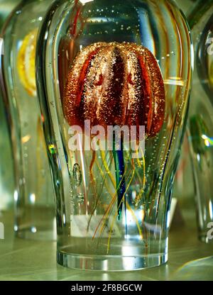 Fairytale sea world in crystal glass. Jellyfish in a glass paperweight on a director's office desk. Exhibition of handmade glass Stock Photo