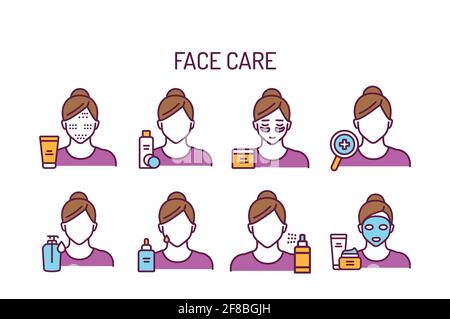 Skin care line color icons set. Girl and cosmetic products vector elements. Skin care. Outline pictograms for web page, mobile app, promo. Stock Vector