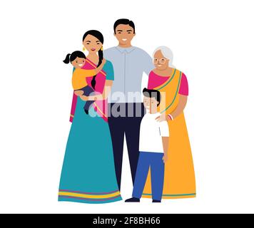 Indian Family. three generations family. Set of people in traditional national clothes Stock Vector