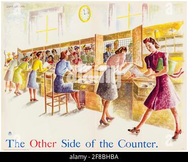 British, WW2 war work poster, Women working at a Post Office Counter, 1942-1945 Stock Photo