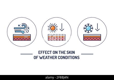 Effect on the skin weather conditions color line icons concept. Human skin layers. Outline pictogram for web page, mobile app, promo. Stock Vector
