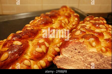 Traditional Czech (Bohemian) Christmas twisted cake with almonds - Traditional Christmas and Easter food. Stock Photo