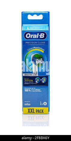SWINDON, UK - APRIL 5, 2021:  XXL Pack of Oral B Precision Clean electric toothbrush heads on a white background Stock Photo