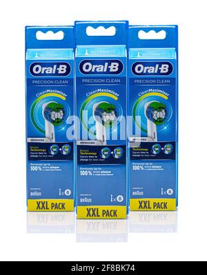 SWINDON, UK - APRIL 13, 2021:  XXL Packs of Oral B Precision Clean electric toothbrush heads on a white background Stock Photo
