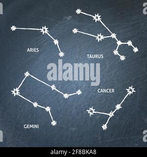 Zodiac constellation symbols collection. Connected shining stars on chalkboard. Aries, Taurus, Gemini and Cancer astrology signs. Vector illustration. Stock Vector