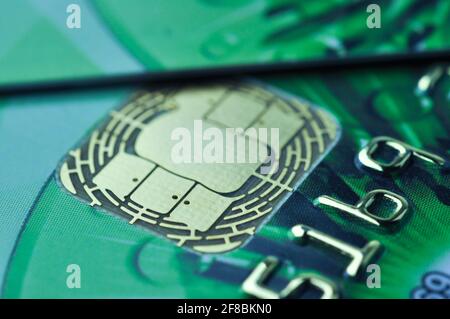 Credit cards with chip. E-commerce and cashless payment concept. Shallow depth of field. Selective focus. Macro shot. Stock Photo