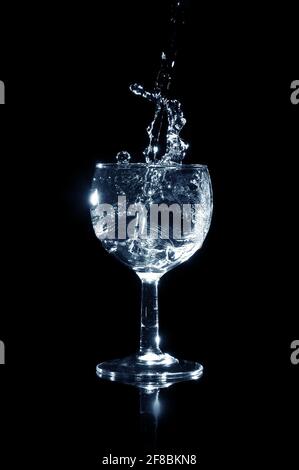 Pouring water into a glass with reflection on a black background. Stock Photo