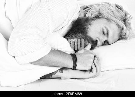 Having nap. Sweet dreams. Good night. Mental health. Practice relaxing bedtime ritual. Man with sleepy face lay on pillow. Fast asleep concept. Man Stock Photo
