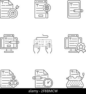 Writing SEO text linear icons set Stock Vector