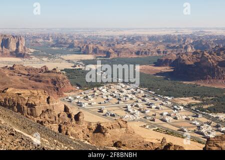 View towards Al Ula, an oasis in the middle of the mountainous landscape of Saudi Arabia Stock Photo