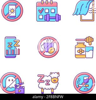 Insomnia reasons RGB color icons set Stock Vector