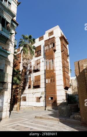 Old town of Jeddah with th historic wooden balconies in the Al Balad district, Saudi Arabia Stock Photo