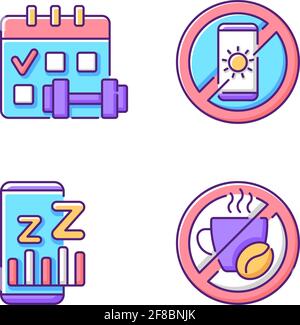 Recommendations to prevent insomnia RGB color icons set Stock Vector