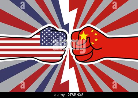 USA China trade war. US flag fist vs china flag fist. American chinese economic confrontation. Vector flat icon for web banner, posts Stock Vector