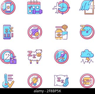 Insomnia causes RGB color icons set Stock Vector