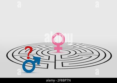 Female symbol in a labyrinth and male symbol with question mark - Concept of male and female psychology Stock Photo