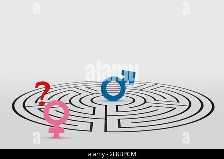 Male symbol in a labyrinth and female symbol with question mark - Concept of male and female psychology Stock Photo