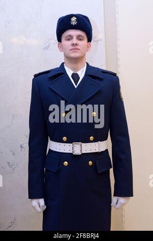 Upper part of new Ukrainian police uniform, cold-climate full dress for parades: coat, chevron. October 7, 2018. Kiev, Ukraine Stock Photo