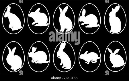 Collection of different easter eggs with rabbits on black background Stock Vector