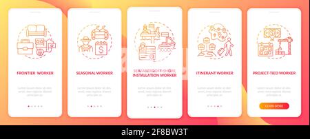 Migrant workers types red onboarding mobile app page screen with concepts Stock Vector