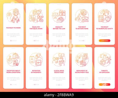 Migrant workers rights red onboarding mobile app page screen with concepts set Stock Vector