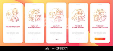 Migrant workers rights red onboarding mobile app page screen with concepts Stock Vector