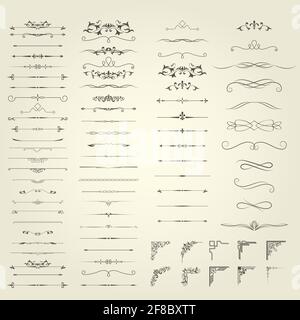 Set of vintage book vignettes, dividers, corners and separators, calligraphic decoration, bookish borders and frames design elements, vector Stock Vector