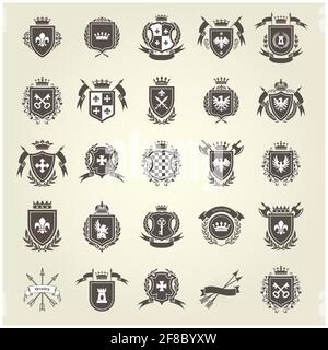 Medieval royal coat of arms, knight emblems, heraldic shield crest and blazons set, vector Stock Vector