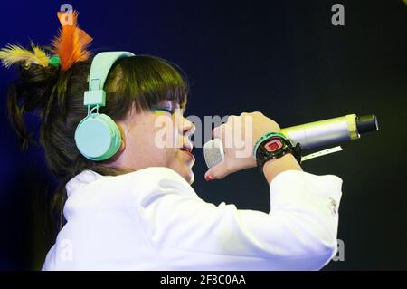 Liliana Saumet of Columbian psychedelic cumbia band, Bomba Estereo performing at the Womad Festival, UK, July 31, 2011. Stock Photo