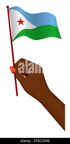 Female hand gently holds small flag of Djibouti. Holiday design element. Cartoon vector on white background Stock Vector