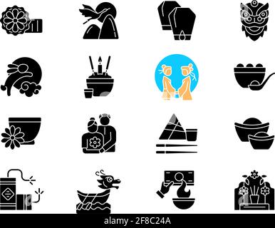 Chinese holidays black glyph icons set on white space Stock Vector