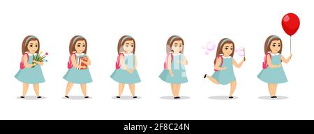 Schoolgirl kid character in different poses. Cute cartoon girl set. Smiling female schoolchild with schoolbag. Pupil stand and holding textbooks, blows bubbles, back to school with flower and balloon Stock Vector
