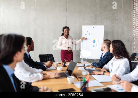 Businesswoman Pointing At Charts On Blackboard During Corporate Meeting Indoor Stock Photo