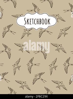 Swallow vector seamless background, sketchbook illustration with hand drawn bird isolated on beige background Stock Vector