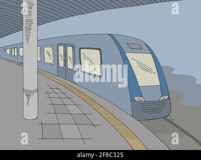 Railway station platform train graphic color sketch illustration vector Stock Vector
